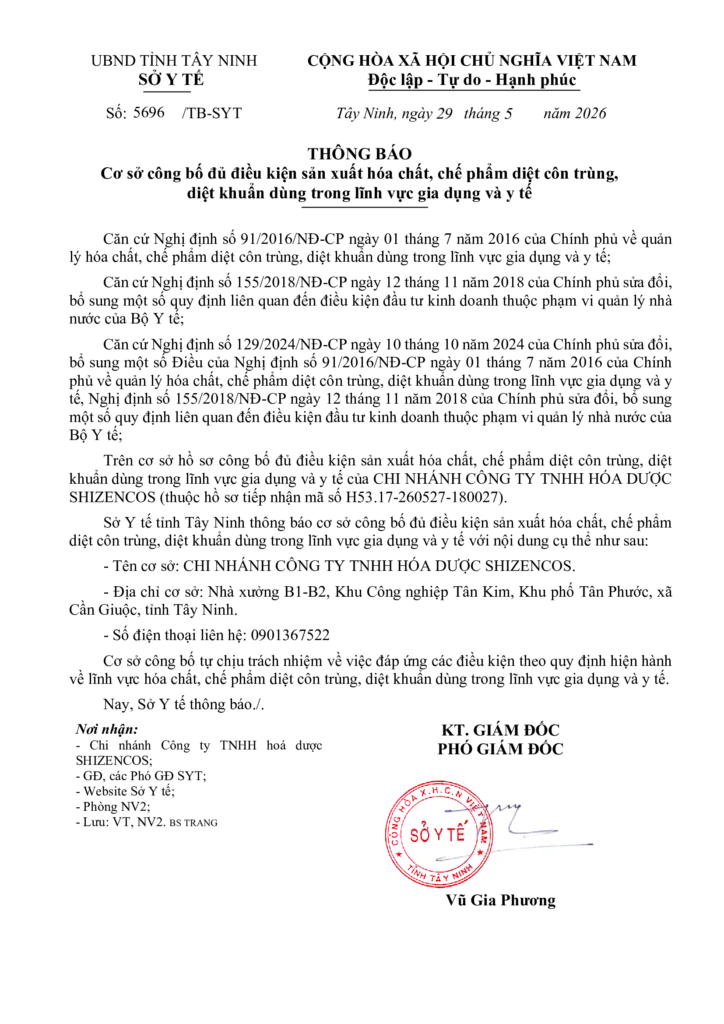Trang chủ 43 5696 TB SYT 29 05 2026 cong bo du dieu kien san xuat che pham CONG TY TNHH HOA DUOC SHIZENCOS ma hs 2